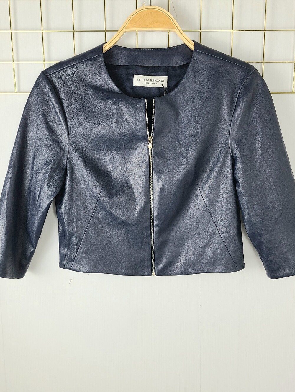 NWT Susan Bender Navy Blue Cropped Genuine Leather Jacket